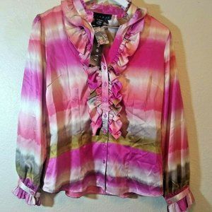 Ninety Multicolor Womens Size M Shirt Ruffles in Pink Coral Magenta Green